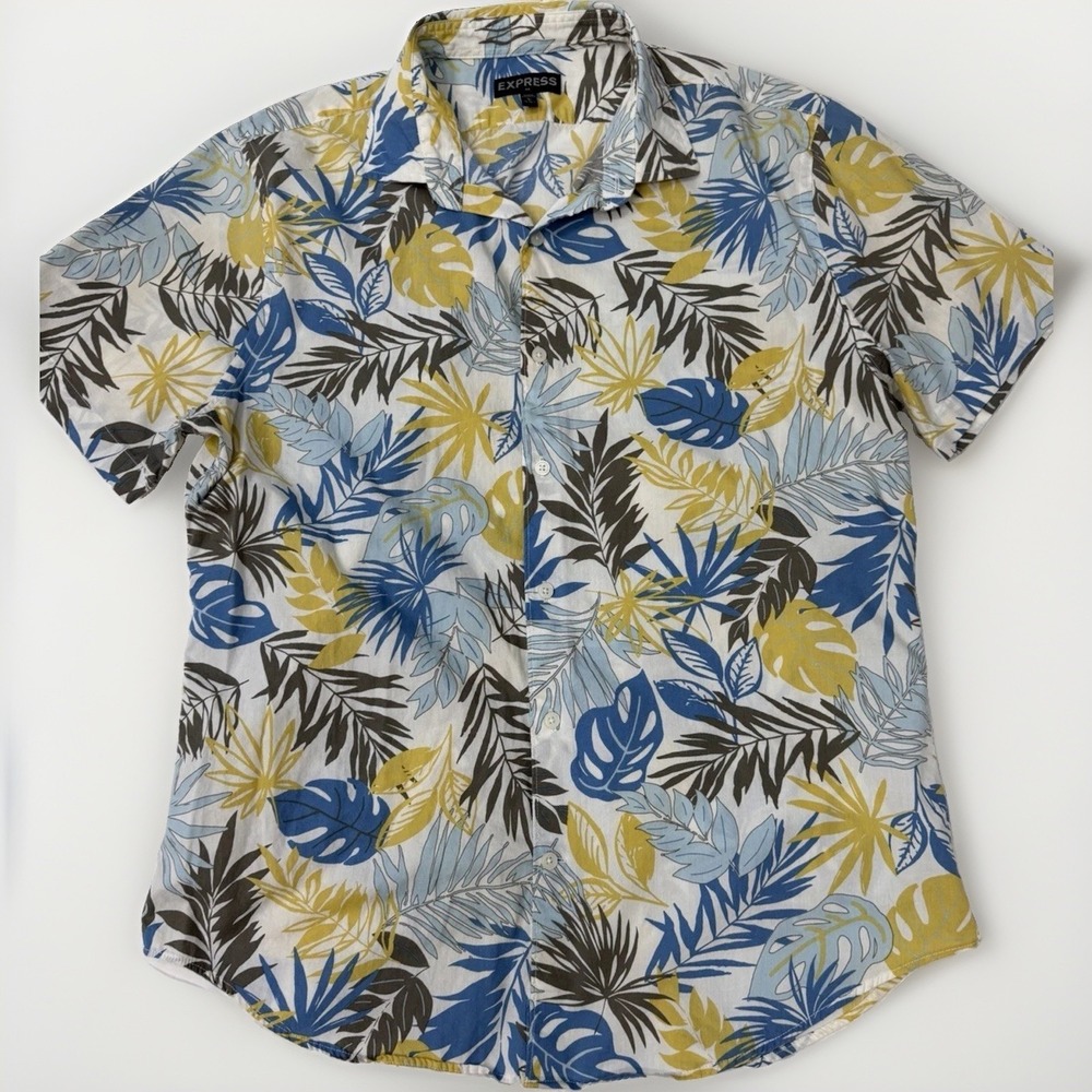 Express Mens Cotton Floral Tropical Hawaiian Short Sleeve Button-Up Shirt L